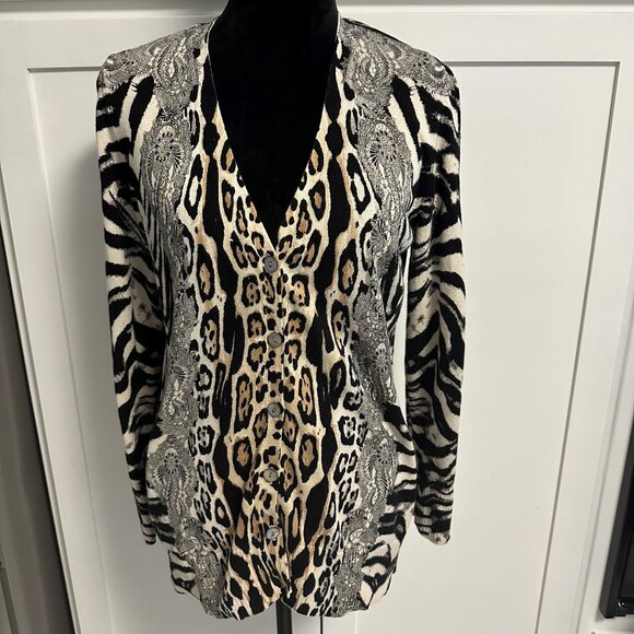 Chico's Animal Print Cardigan Size 1 Small Cheetah /Zebra Mix Button Front - Picture 1 of 10